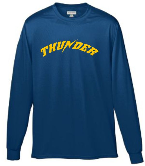 Blue Thunder Baseball Moisture wicking Augusta long sleeve T shirt with the word "thunder" in yellow arched text across the chest.