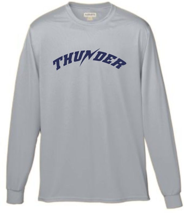 Light gray Thunder Baseball Moisture wicking Augusta long sleeve T shirt with the word "thunder" printed in bold, curved blue letters across the chest.