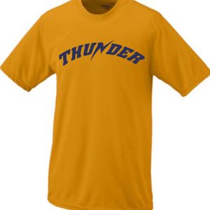 Golden yellow Thunder Baseball Moisture wicking Augusta T shirt with the word "thunder" printed in bold, curved blue letters across the chest.