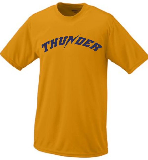 Golden yellow Thunder Baseball Moisture wicking Augusta T shirt with the word "thunder" printed in bold, curved blue letters across the chest.