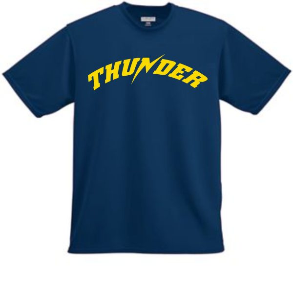 A blue Thunder Baseball Moisture wicking Augusta t-shirt with the word "thunder" printed in bold yellow letters across the chest.