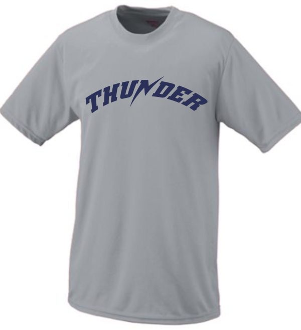 Thunder Baseball Moisture wicking Augusta T shirt with the word "thunder" printed in blue across the chest.