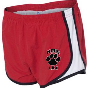 Red and white lacrosse shorts with paw print logo.