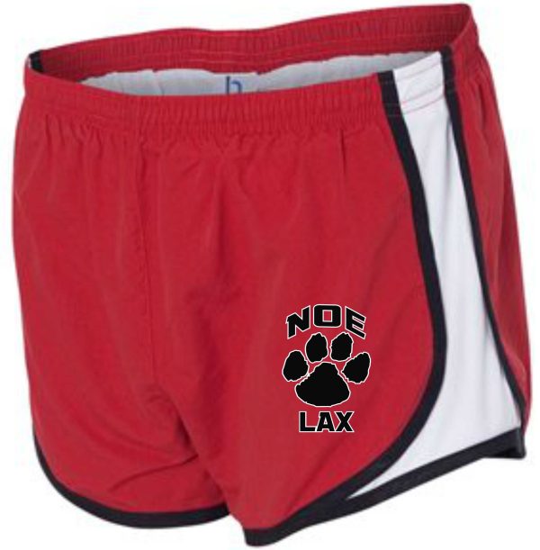 Red and white lacrosse shorts with paw print logo.