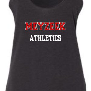 Meyzeek Athletics Racerback Tanktop Bella 8430 with the words "meyzeek athletics" in red and white lettering on the front.