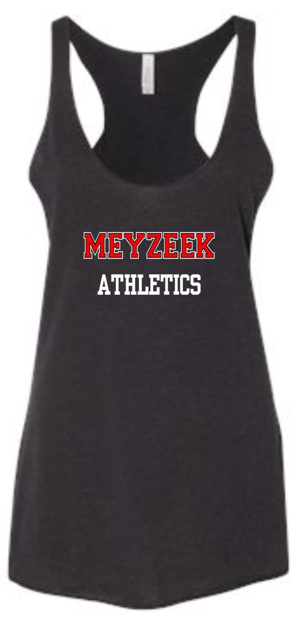 Meyzeek Athletics Racerback Tanktop Bella 8430 with the words "meyzeek athletics" in red and white lettering on the front.