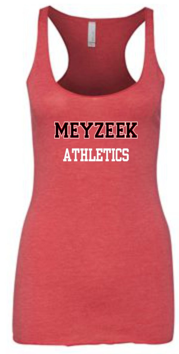 Red Meyzeek Athletics Racerback Tanktop Bella 8430 with "meyzeek athletics" printed in bold, white letters on the front.