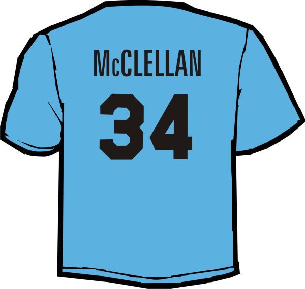 Ballard Cross Country Adult Heather Training T Aug 2900 sports jersey with "mcclellan" and the number 34 on the back.