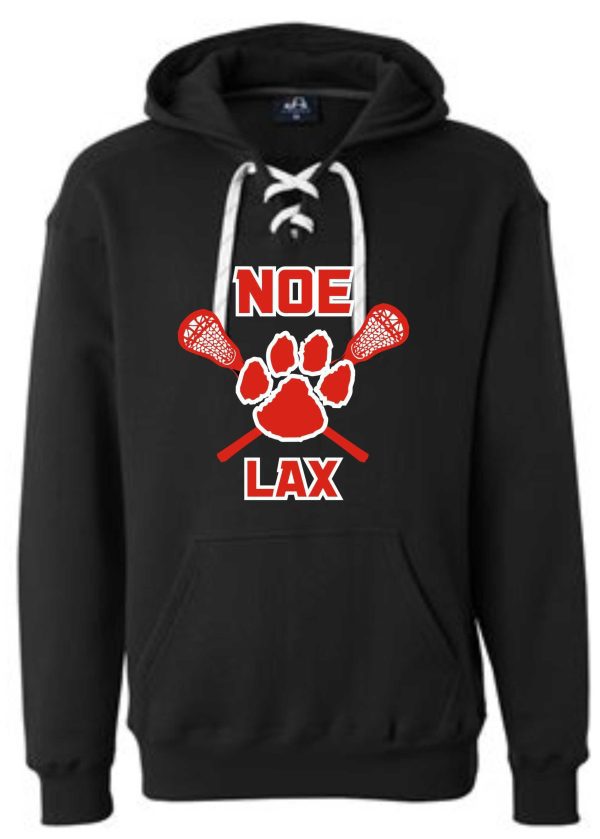 Black hoodie with red lacrosse graphic.