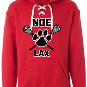 Red hoodie with "Noe Lax" and paw print.