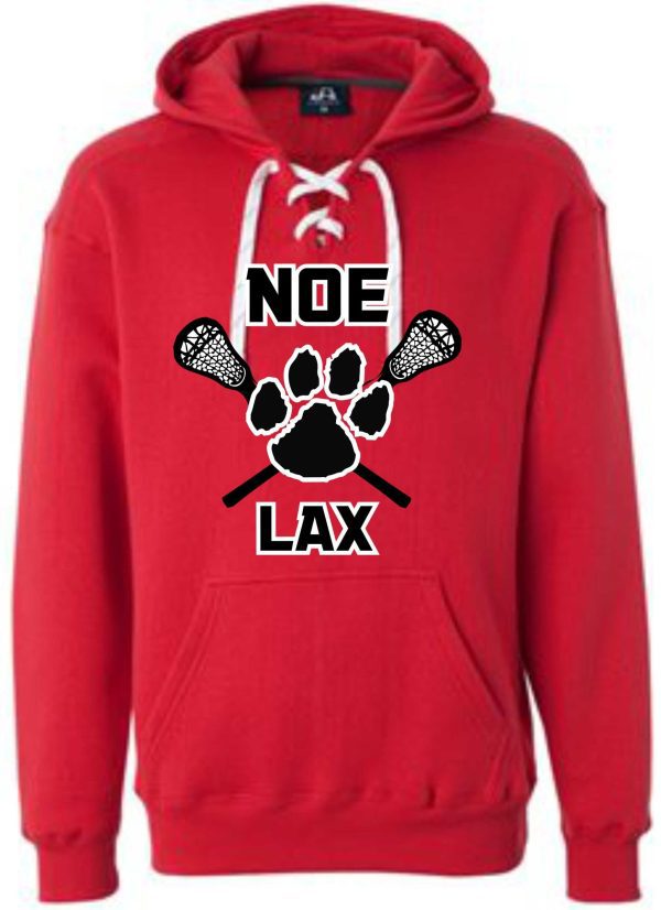 Red hoodie with "Noe Lax" and paw print.