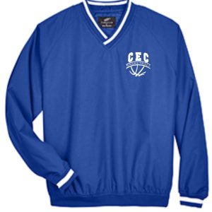 CEC Girls Basketball Micro poly pullover 8926 with white stripes on the cuffs and collar, featuring a "cec" logo on the chest inside a stylized white banner.