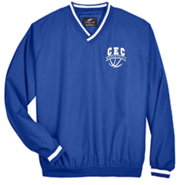 CEC Girls Basketball Micro poly pullover 8926 with white stripes on the cuffs and collar, featuring a "cec" logo on the chest inside a stylized white banner.