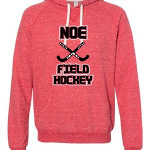 Red field hockey hoodie with crossed sticks.