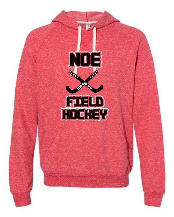 Red field hockey hoodie with crossed sticks.