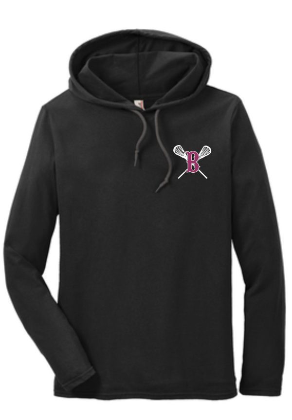 Ballard LAX Anvil Ring Spun Cotton Hooded T 987 with a red-lined hood, featuring a white and pink emblem of a letter 'b' with crossed lacrosse sticks on the chest.