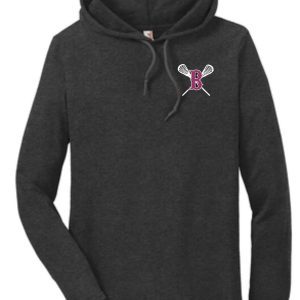 Dark gray Ballard LAX Anvil Ring Spun Cotton Hooded T 987 with a white and pink "b" logo featuring crossed lacrosse sticks on the left chest area.