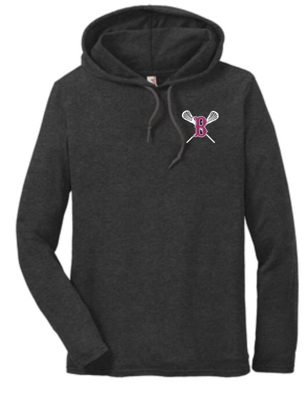 Dark gray Ballard LAX Anvil Ring Spun Cotton Hooded T 987 with a white and pink "b" logo featuring crossed lacrosse sticks on the left chest area.