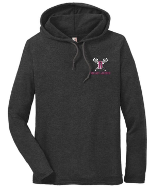 Gray Ballard Lacrosse Anvil Ring Spun Cotton Hooded T 987 with a hood and drawstrings, featuring a small logo of "ballard lacrosse" with crossed lacrosse sticks on the left chest area.