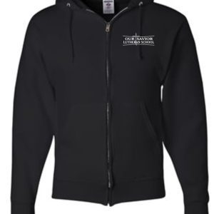 OSLS adult sized Black zippered hooded sweatshirt 993 with "our savior lutheran school" logo embroidered on the left chest, displayed against a plain background.