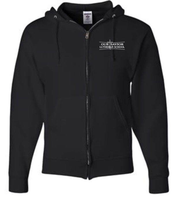 OSLS adult sized Black zippered hooded sweatshirt 993 with "our savior lutheran school" logo embroidered on the left chest, displayed against a plain background.