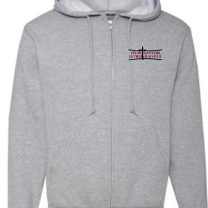 OSLS adult sized Gray zippered hooded sweatshirt 993 with "our savior lutheran school" printed on the left chest area.