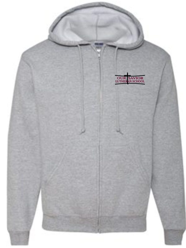 OSLS adult sized Gray zippered hooded sweatshirt 993 with "our savior lutheran school" printed on the left chest area.