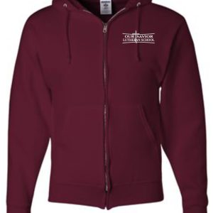 OSLS adult sized Maroon zippered hooded sweatshirt 993 with "our savior lutheran school" logo on the left chest area, displayed against a white background.