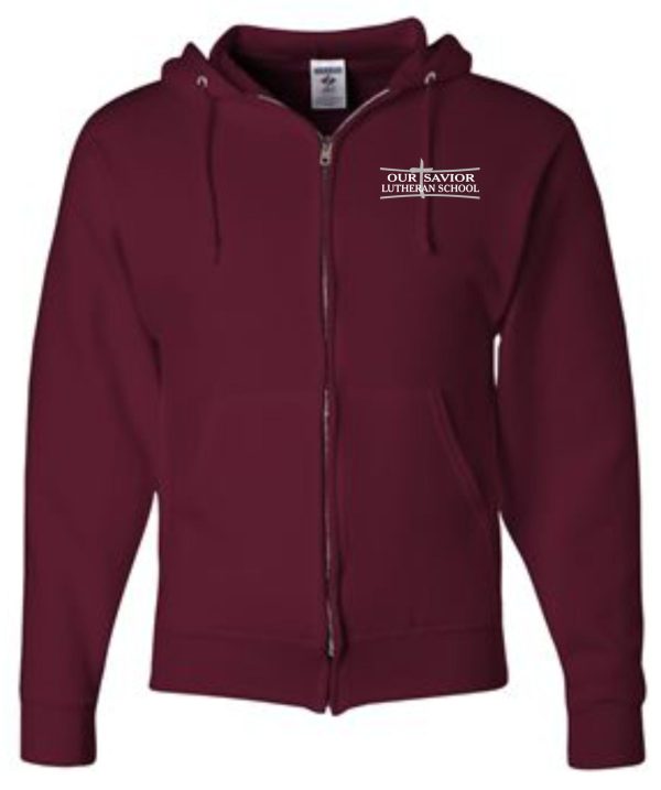 OSLS adult sized Maroon zippered hooded sweatshirt 993 with "our savior lutheran school" logo on the left chest area, displayed against a white background.