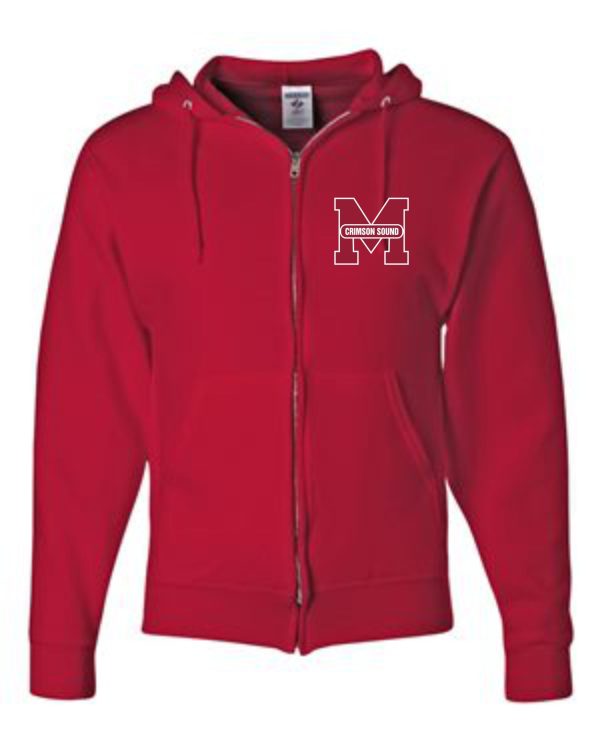 Manual Marching Band zippered hoodie with left chest logo displayed on a plain background.