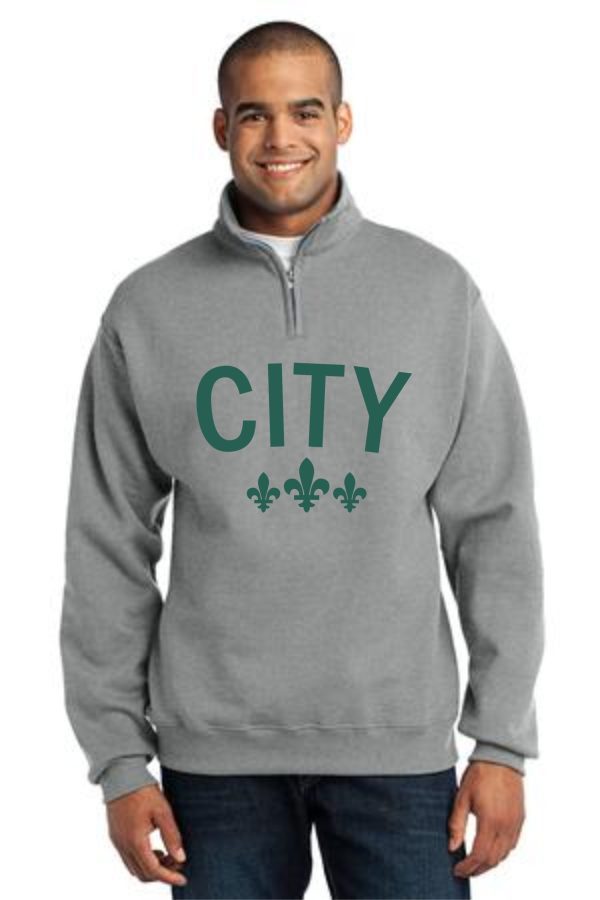 Man wearing a grey City sweatshirt.