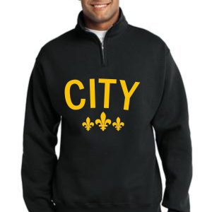 Man wearing black sweatshirt with "CITY" and fleurs-de-lis.