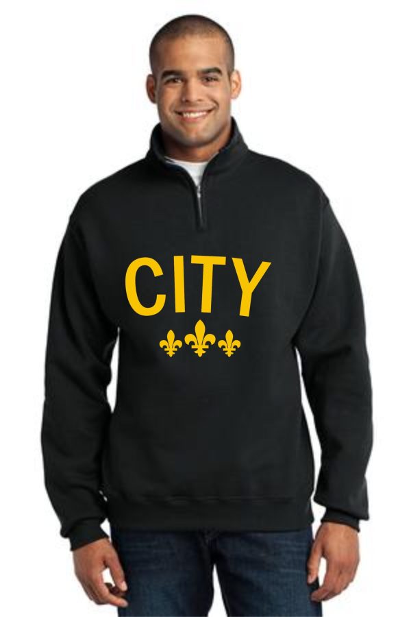 Man wearing black sweatshirt with "CITY" and fleurs-de-lis.