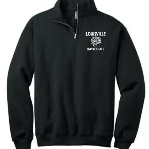 Louisville Tigers Basketball Black 1/4 zip sweatshirt with the text "louisville basketball" and a basketball graphic on the left chest.