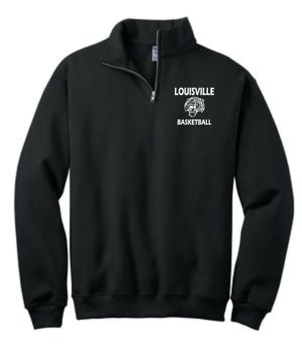 Louisville Tigers Basketball Black 1/4 zip sweatshirt with the text "louisville basketball" and a basketball graphic on the left chest.