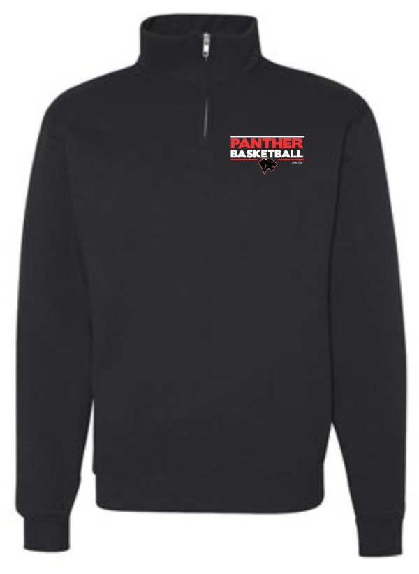 Sentence with replacement: Heart For Christ Basketball 1/4 zip sweatshirt 995M featuring a half-zip design with a "panther basketball" logo on the chest.