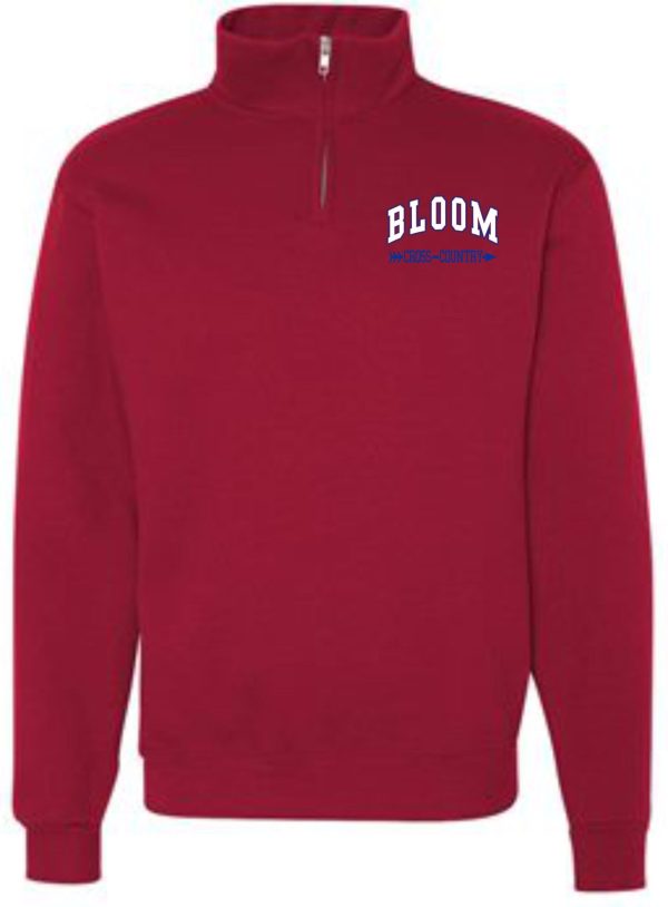 Red quarter-zip sweatshirt with Bloom logo.