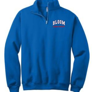 Blue quarter zip sweatshirt with Bloom logo.