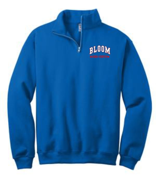 Blue quarter zip sweatshirt with Bloom logo.