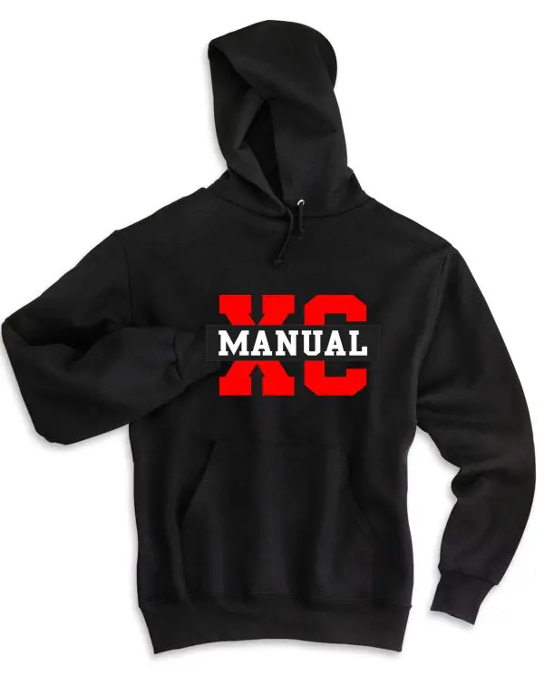 Black Manual Cross Country Jerzees Hoodie 996 with a red and white "ka manual" logo on the front, displayed on a plain white background.