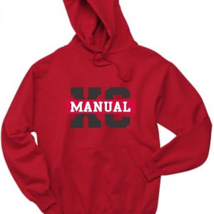 Red Manual Cross Country Jerzees Hoodie 996 with the word "manual" printed in bold, gray letters on the front.