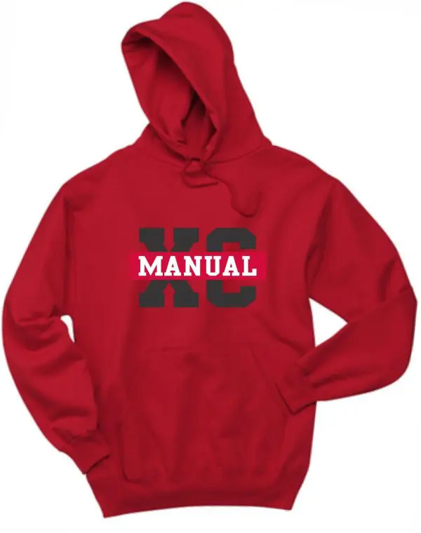 Red Manual Cross Country Jerzees Hoodie 996 with the word "manual" printed in bold, gray letters on the front.