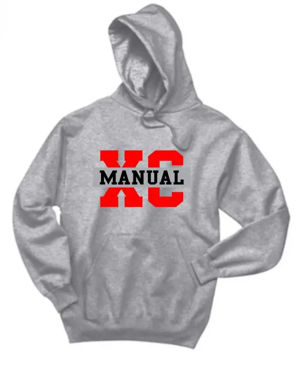 Gray Manual Cross Country Jerzees Hoodie 996 with a red and white "no manual" text design on the front.