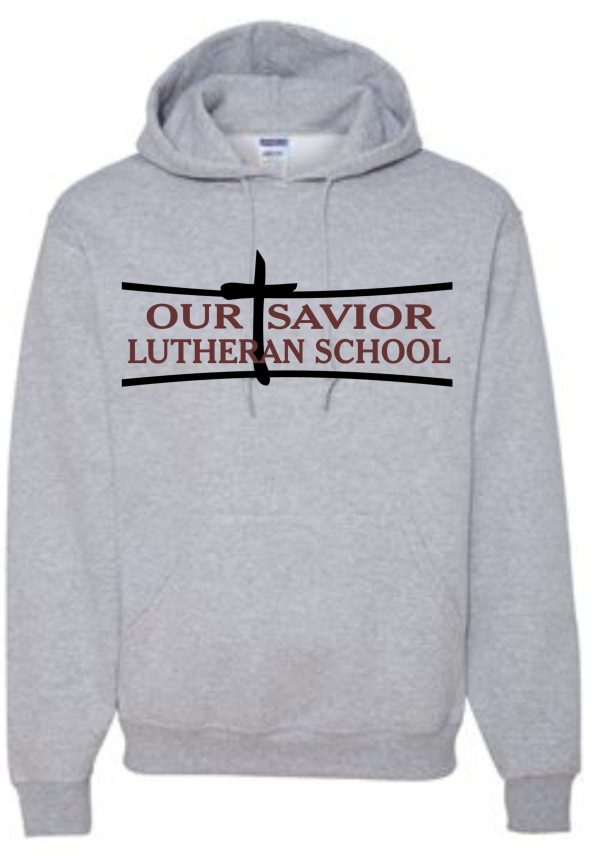 OSLS adult sizes Jerzees Hoodie 996M with the logo of "our savior lutheran school" printed in black text, featuring a cross symbol in the center.