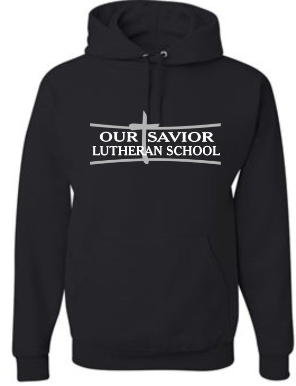 OSLS adult sizes Jerzees Hoodie 996M with white text "our savior lutheran school" and a cross graphic on the front.