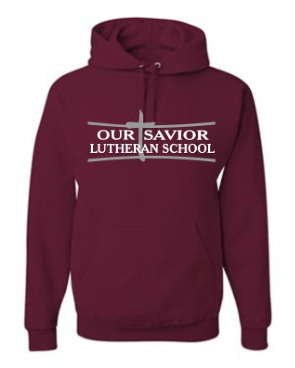 Maroon OSLS adult sizes Jerzees Hoodie 996M with "our savior lutheran school" printed in white across the chest.