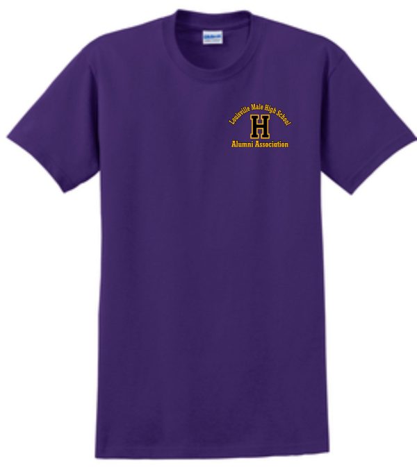 Purple t-shirt with Louisville Male High School alumni logo.