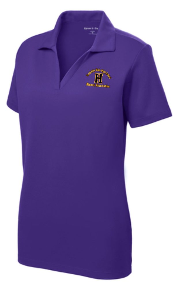 Purple polo shirt with school logo.