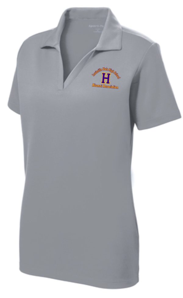 Gray women's polo shirt with Louisville Male High School alumni logo.