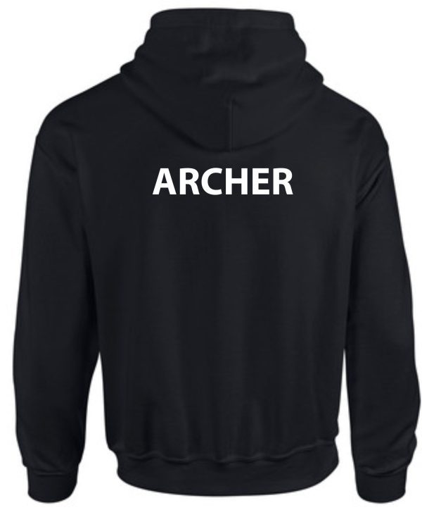 Back view of a St Margaret Mary Archery Black Hoodie G185 with the word "archer" printed in white across the upper back.